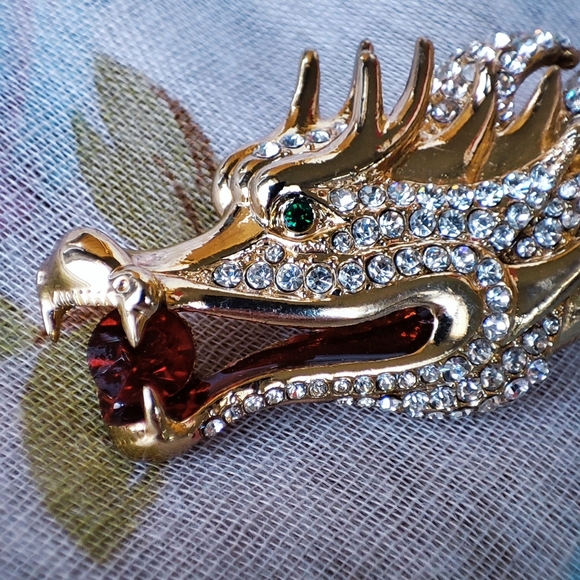 Asian DRAGON Rhinestone Encrusted Brooch Gold Wash Fierce Emerald Stone Eyes - Picture 7 of 12